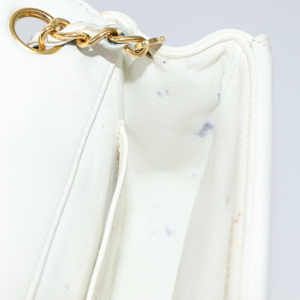CHANEL Mademoiselle Double Flap Chain Bag Lamb Skin White Gold CC 109066