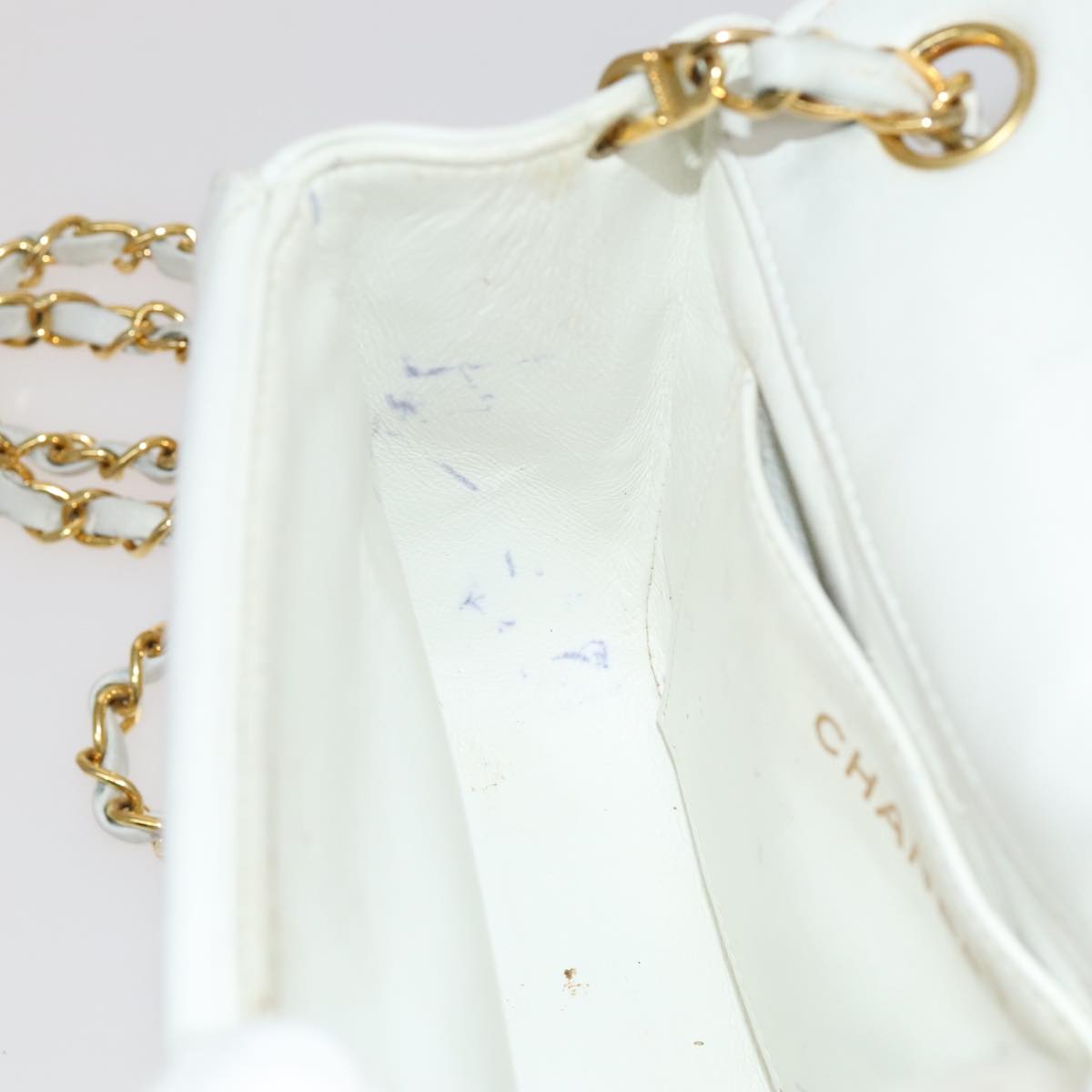 CHANEL Mademoiselle Double Flap Chain Bag Lamb Skin White Gold CC 109066