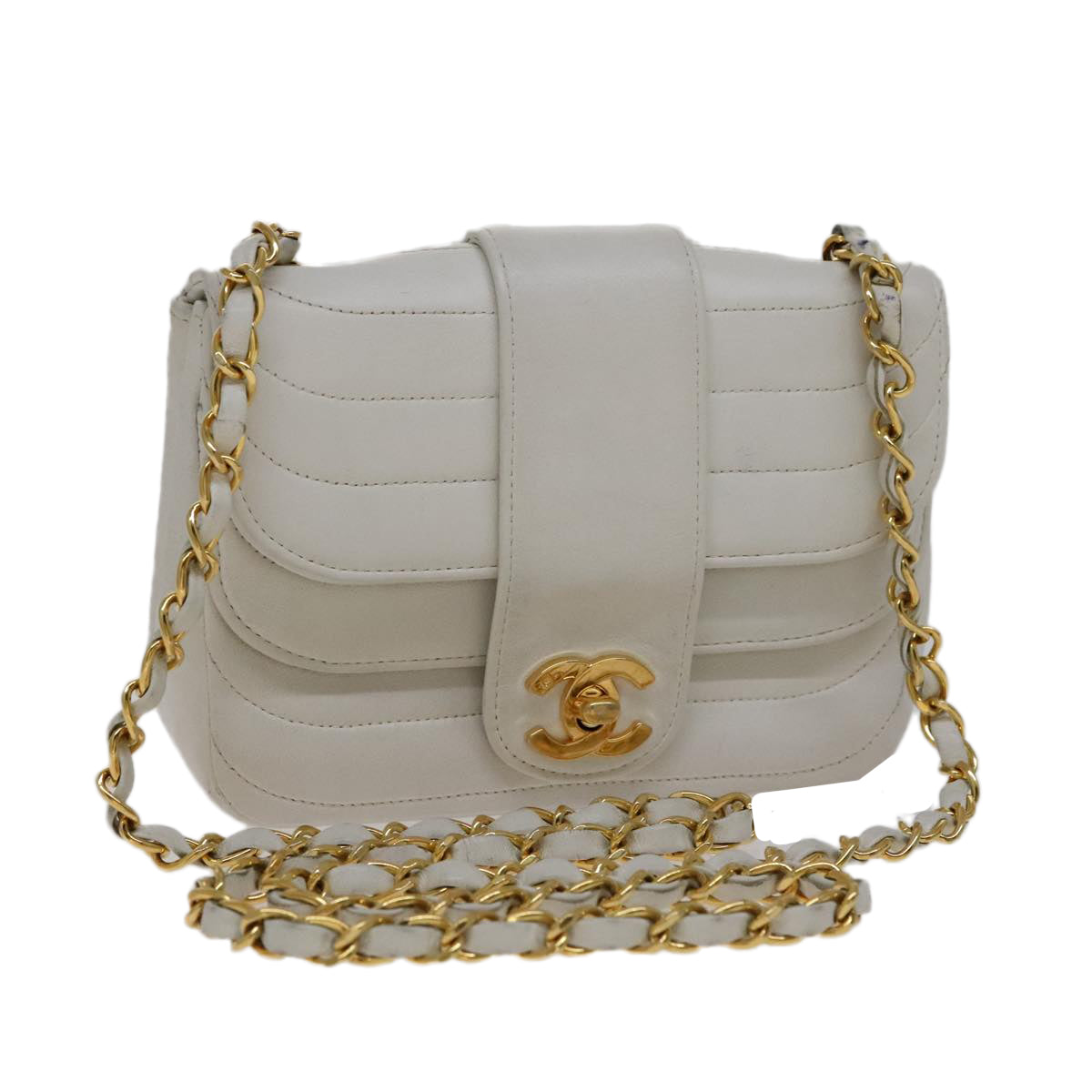 CHANEL Mademoiselle Double Flap Chain Bag Lamb Skin White Gold CC 109066