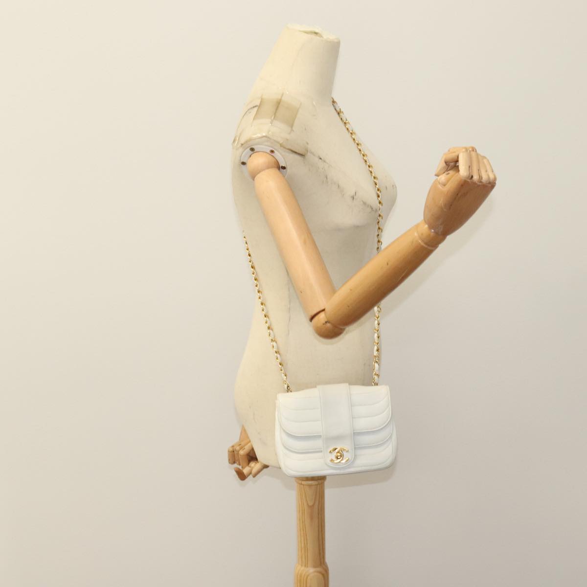 CHANEL Mademoiselle Double Flap Chain Bag Lamb Skin White Gold CC 109066