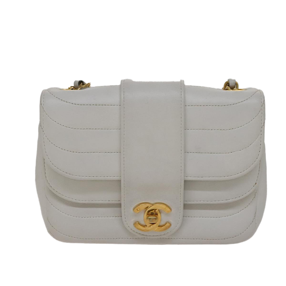 CHANEL Mademoiselle Double Flap Chain Bag Lamb Skin White Gold CC 109066