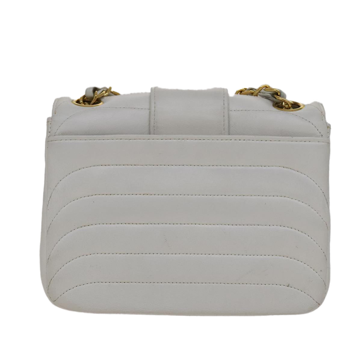 CHANEL Mademoiselle Double Flap Chain Bag Lamb Skin White Gold CC 109066