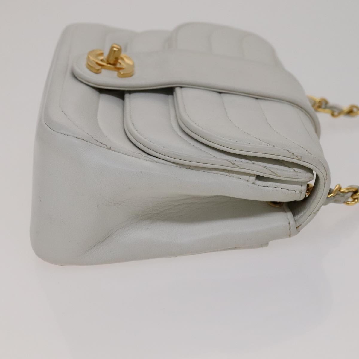 CHANEL Mademoiselle Double Flap Chain Bag Lamb Skin White Gold CC 109066
