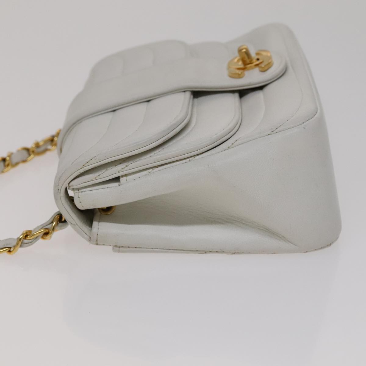 CHANEL Mademoiselle Double Flap Chain Bag Lamb Skin White Gold CC 109066