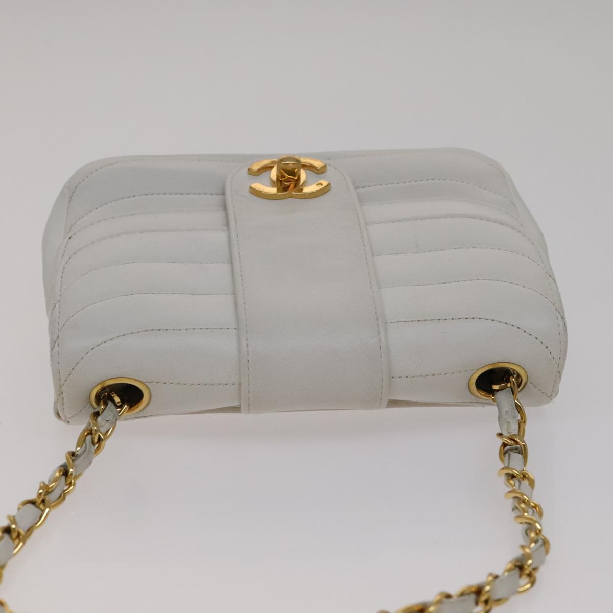 CHANEL Mademoiselle Double Flap Chain Bag Lamb Skin White Gold CC 109066