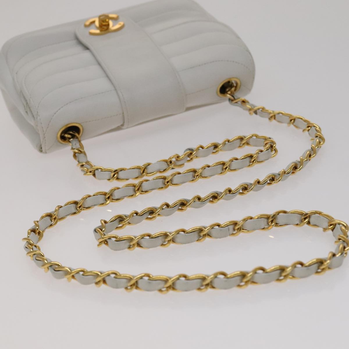CHANEL Mademoiselle Double Flap Chain Bag Lamb Skin White Gold CC 109066
