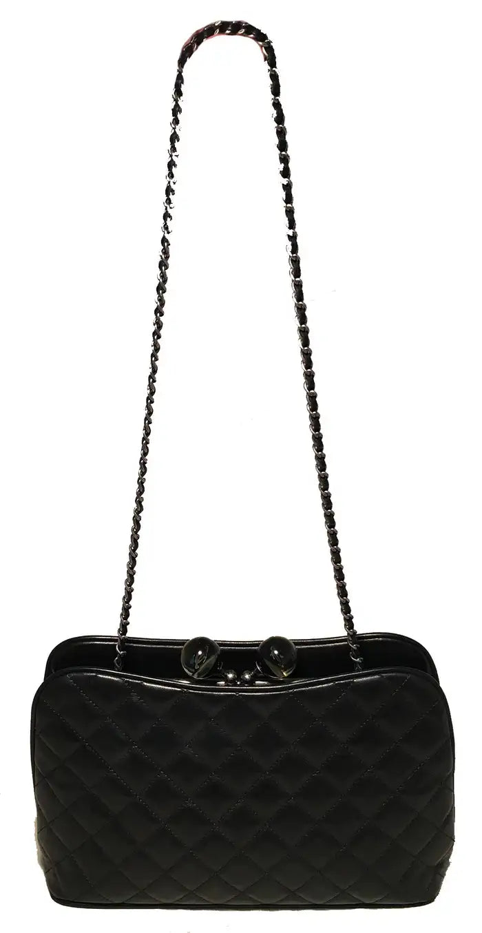 Chanel Black Leather Crystal Ball Kiss lock Clutch