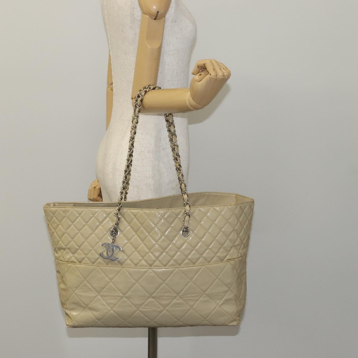 CHANEL Matelasse Chain COCO Mark Tote Bag Enamel Beige CC 110216