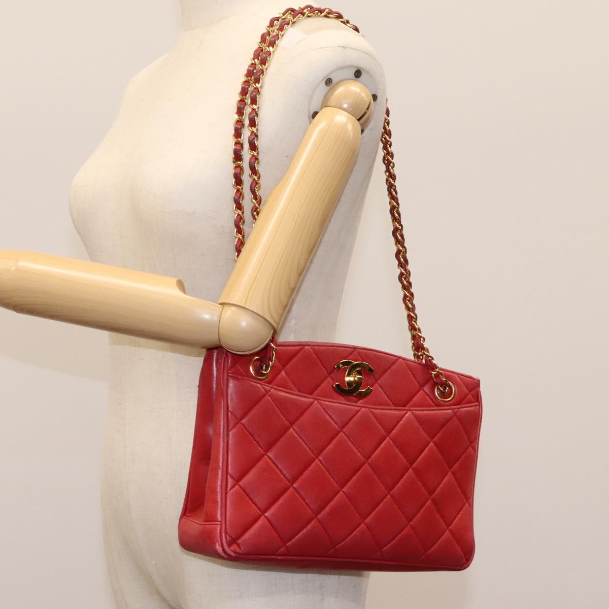 CHANEL Matelasse Chain Shoulder Bag Lamb Skin Red Gold CC 110281