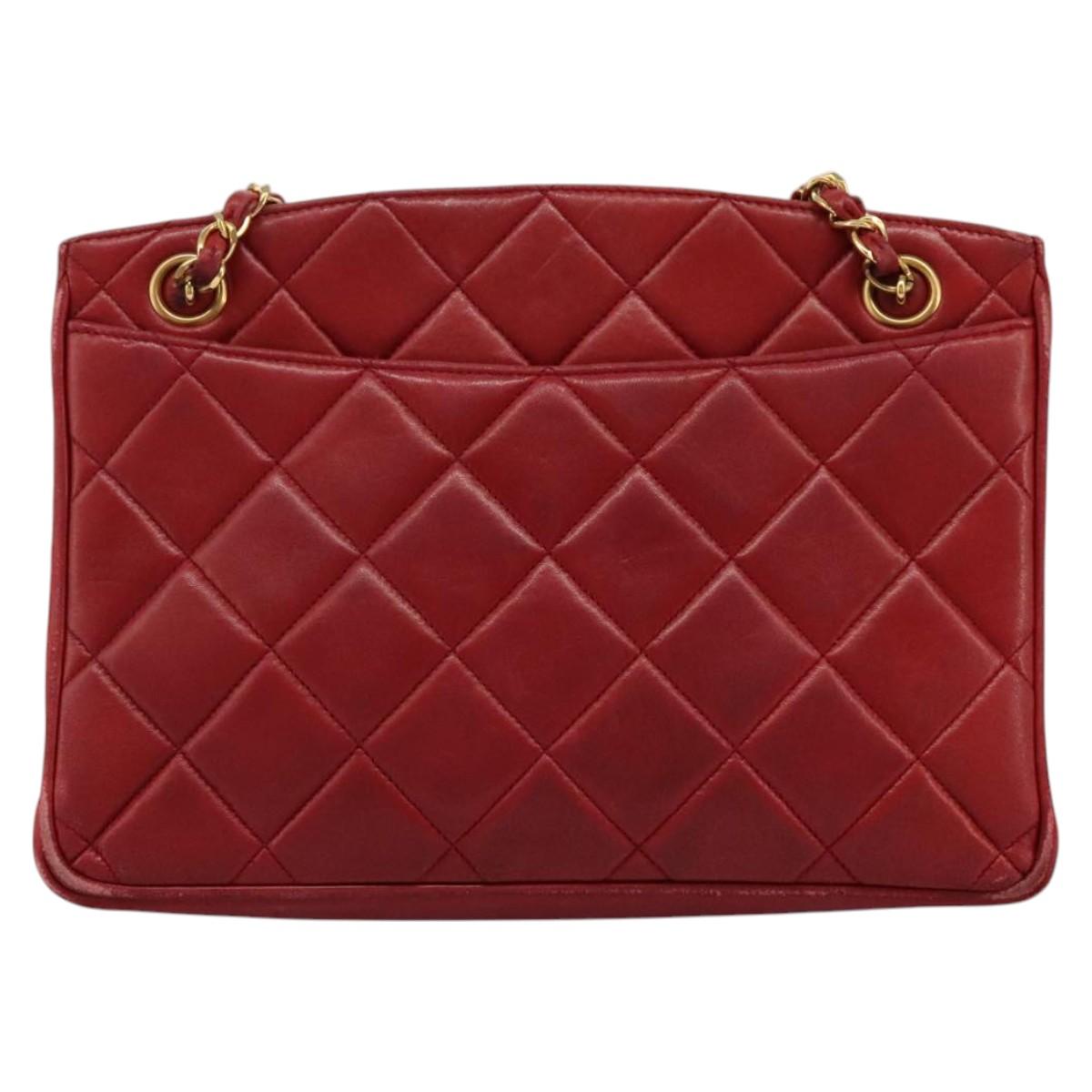 CHANEL Matelasse Chain Shoulder Bag Lamb Skin Red Gold CC 110281