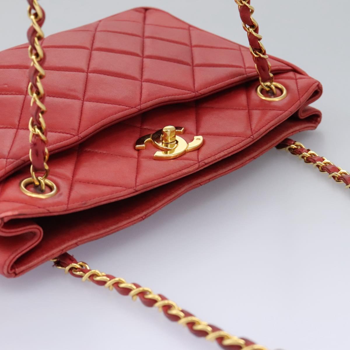 CHANEL Matelasse Chain Shoulder Bag Lamb Skin Red Gold CC 110281