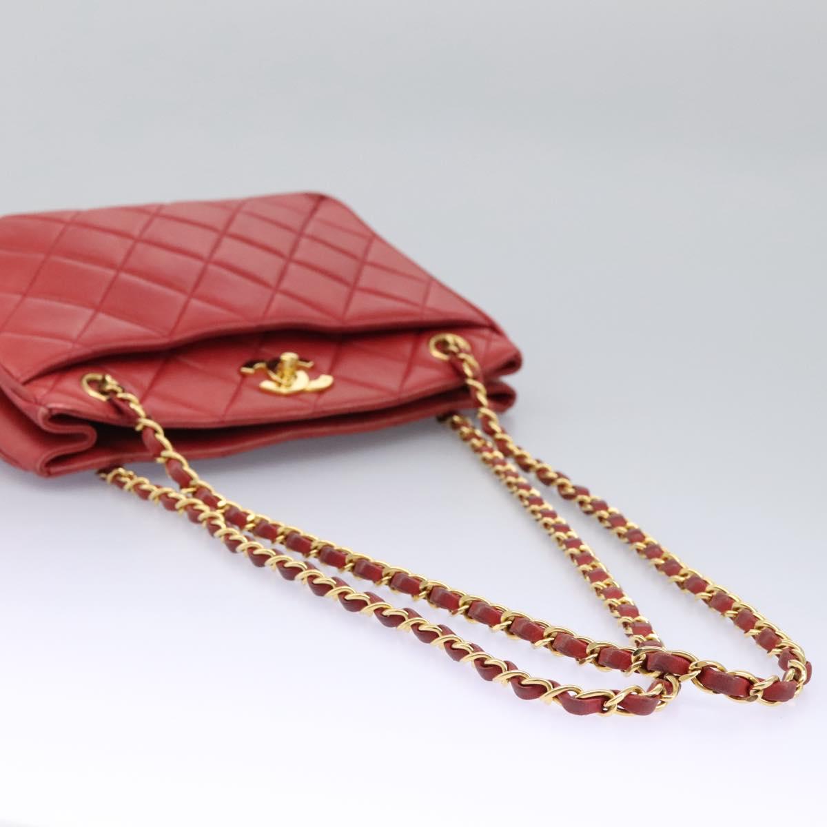 CHANEL Matelasse Chain Shoulder Bag Lamb Skin Red Gold CC 110281