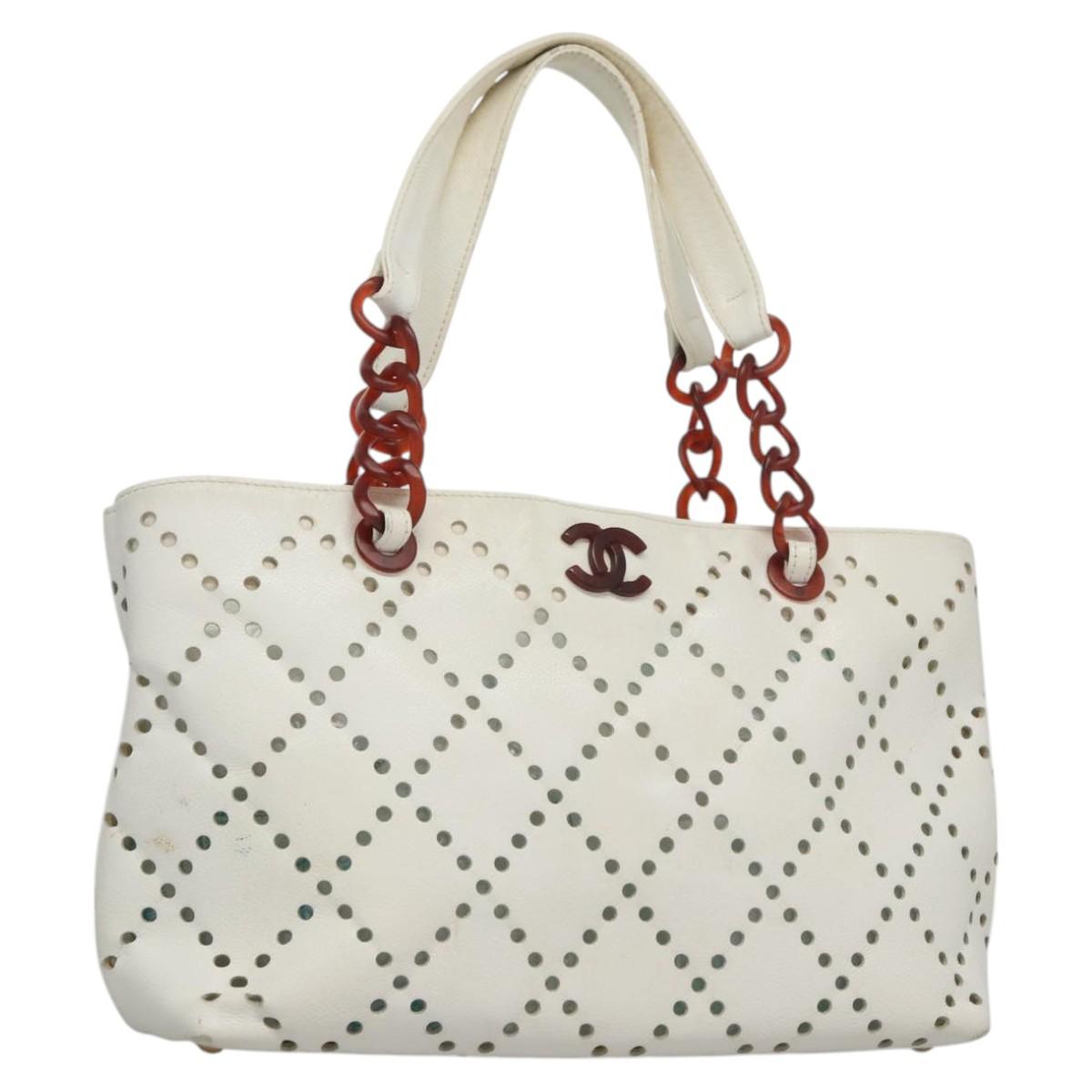 CHANEL Tote Bag Caviar Skin White CC 110288