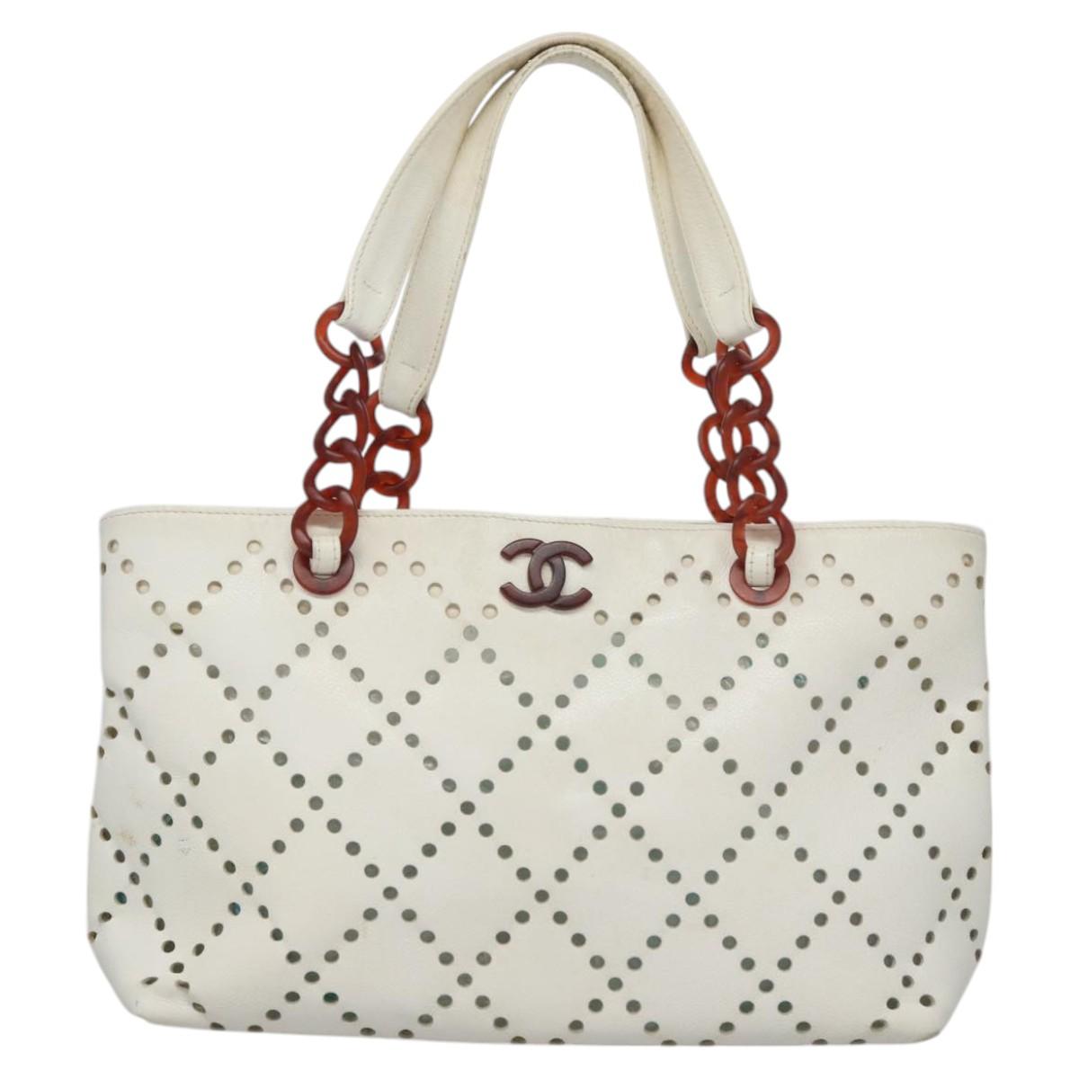 CHANEL Tote Bag Caviar Skin White CC 110288