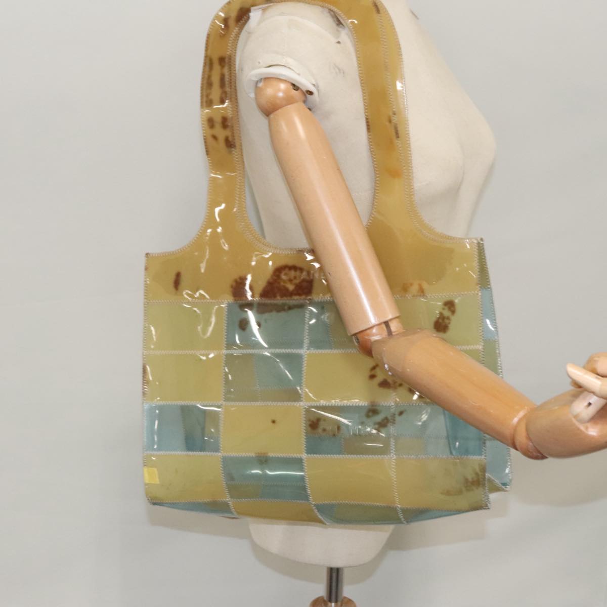 CHANEL Choco Bar Shoulder Bag Vinyl Beige Blue CC 110818