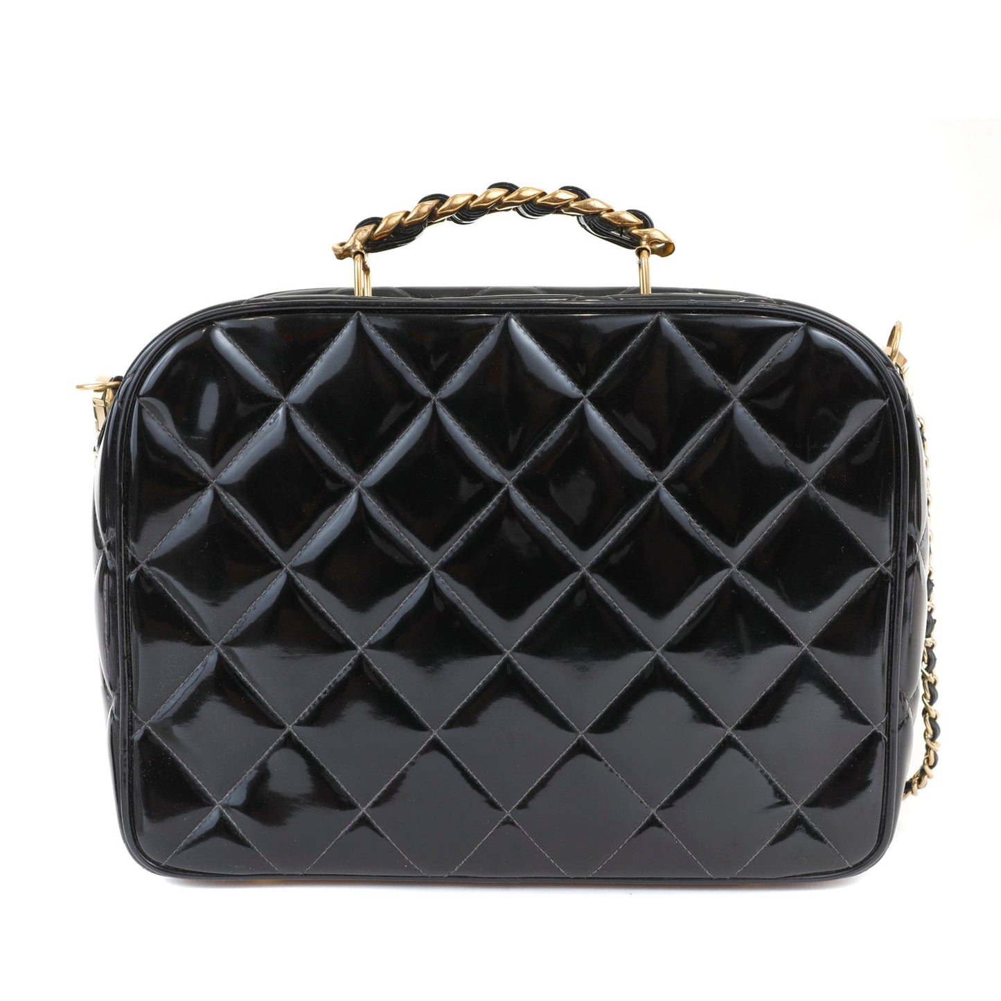 Chanel Black Patent Leather Vintage Bag with Gold Top Handle