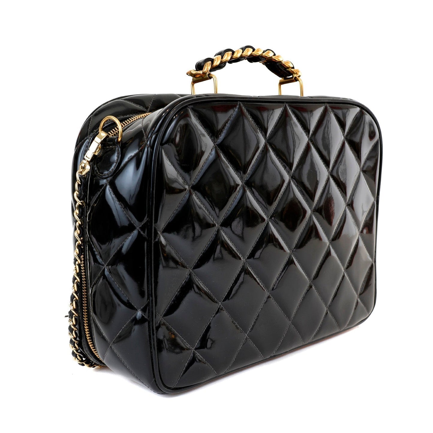 Chanel Black Patent Leather Vintage Bag with Gold Top Handle