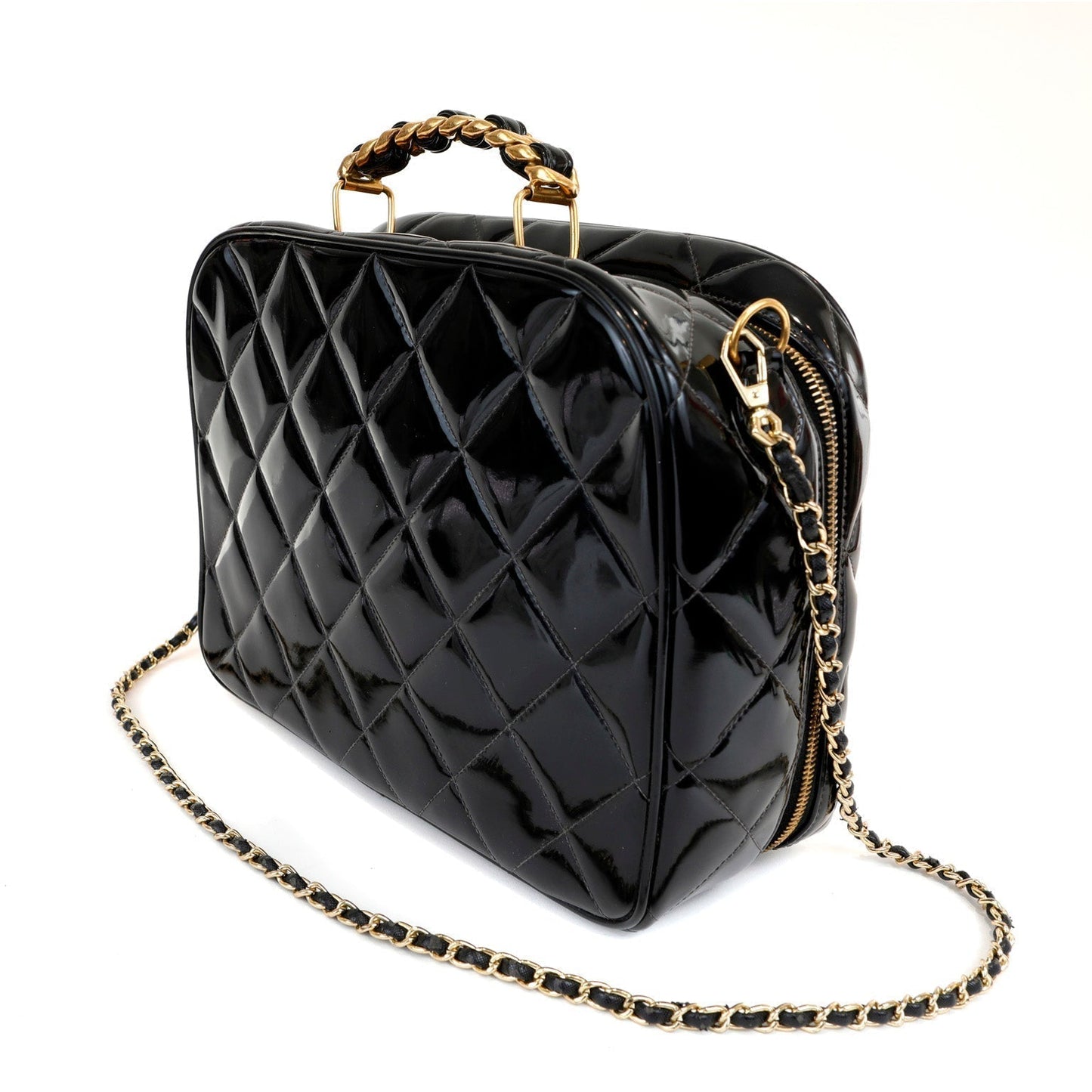 Chanel Black Patent Leather Vintage Bag with Gold Top Handle