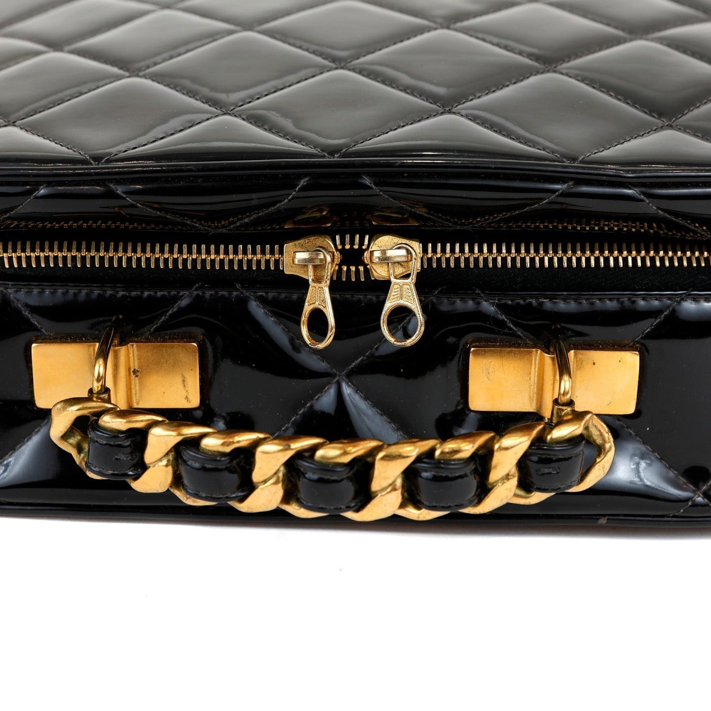 Chanel Black Patent Leather Vintage Bag with Gold Top Handle