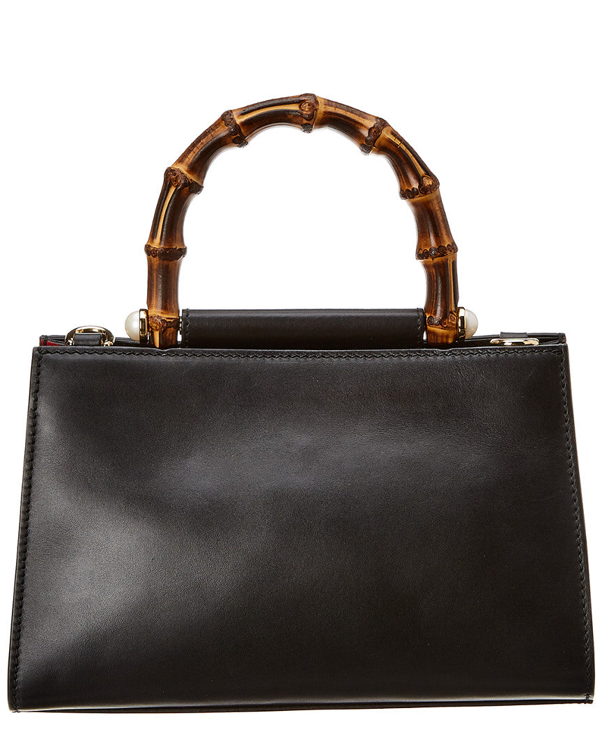 Gucci Black Leather Bamboo Nymphaea Bag
