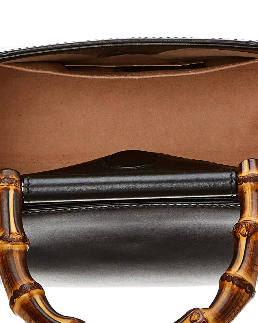 Gucci Black Leather Bamboo Nymphaea Bag