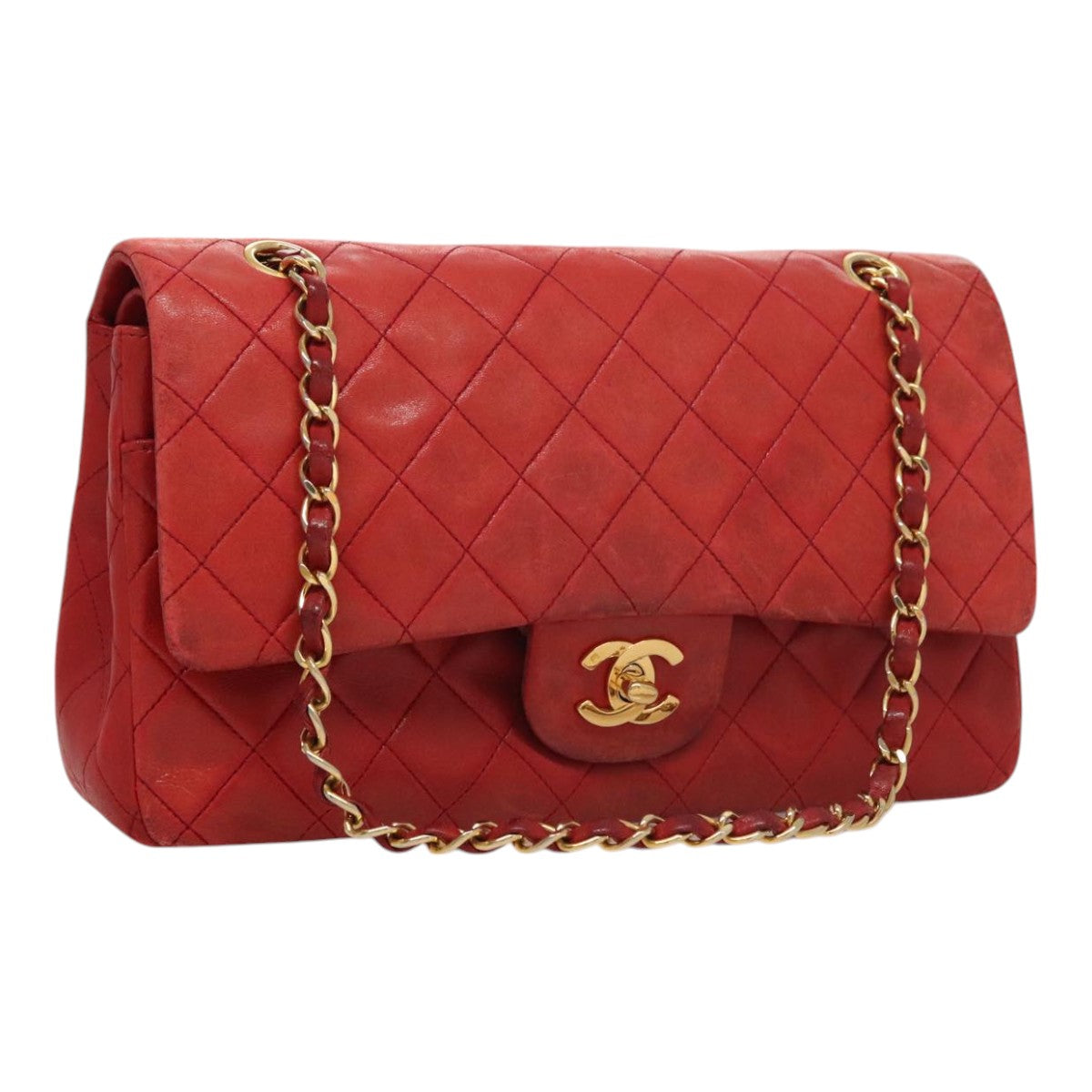 CHANEL Matelasse Chain Shoulder Bag Lamb Skin Red Gold CC 111383