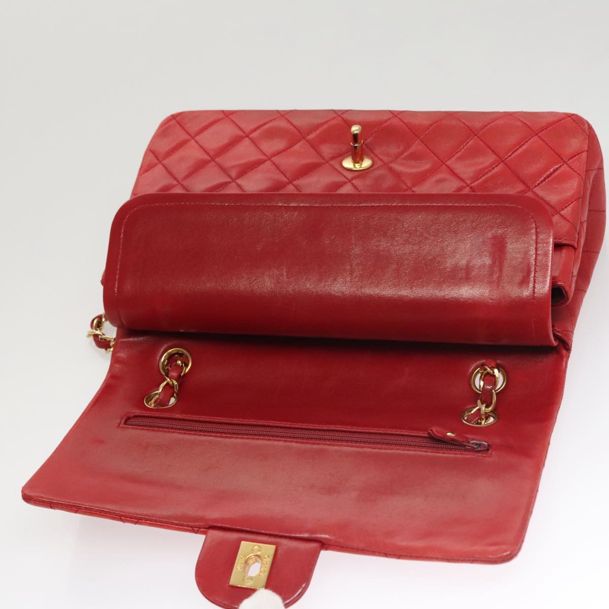 CHANEL Matelasse Chain Shoulder Bag Lamb Skin Red Gold CC 111383