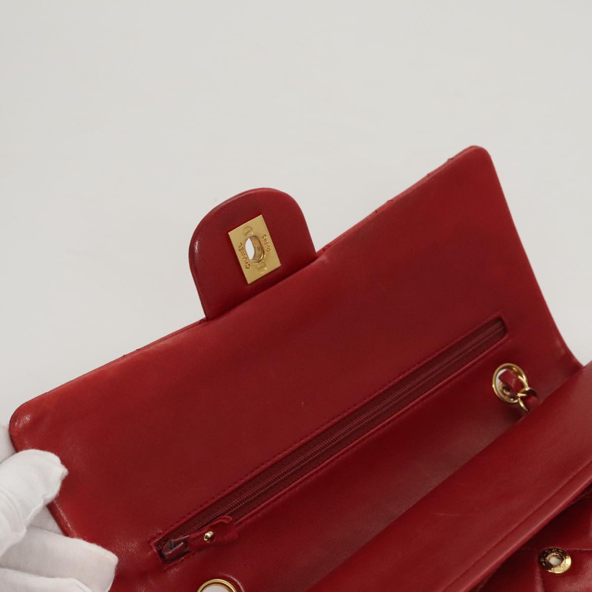 CHANEL Matelasse Chain Shoulder Bag Lamb Skin Red Gold CC 111383