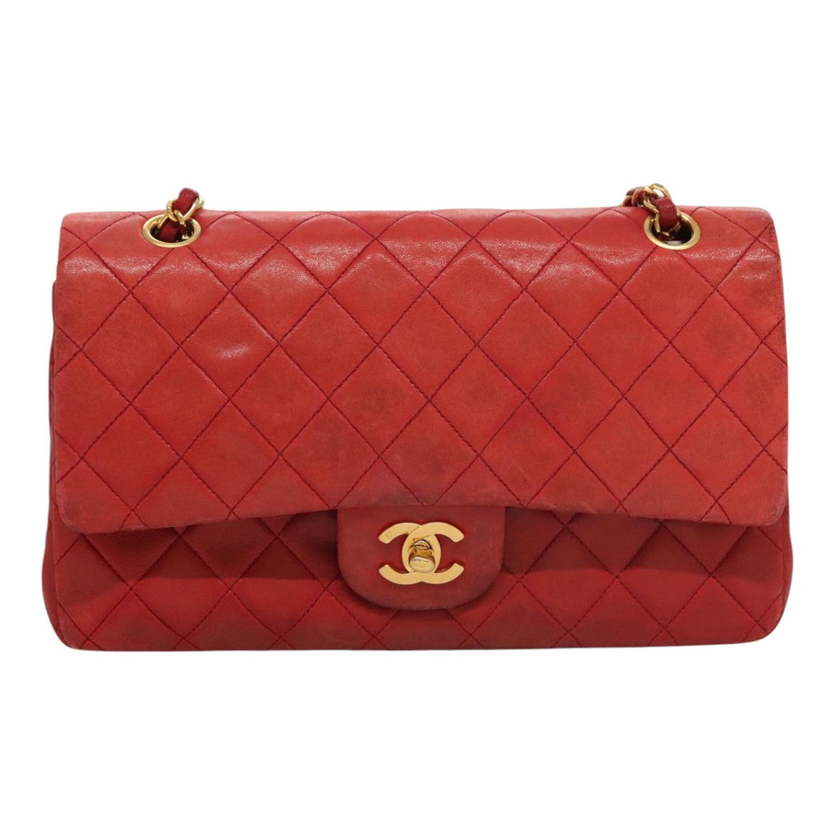 CHANEL Matelasse Chain Shoulder Bag Lamb Skin Red Gold CC 111383