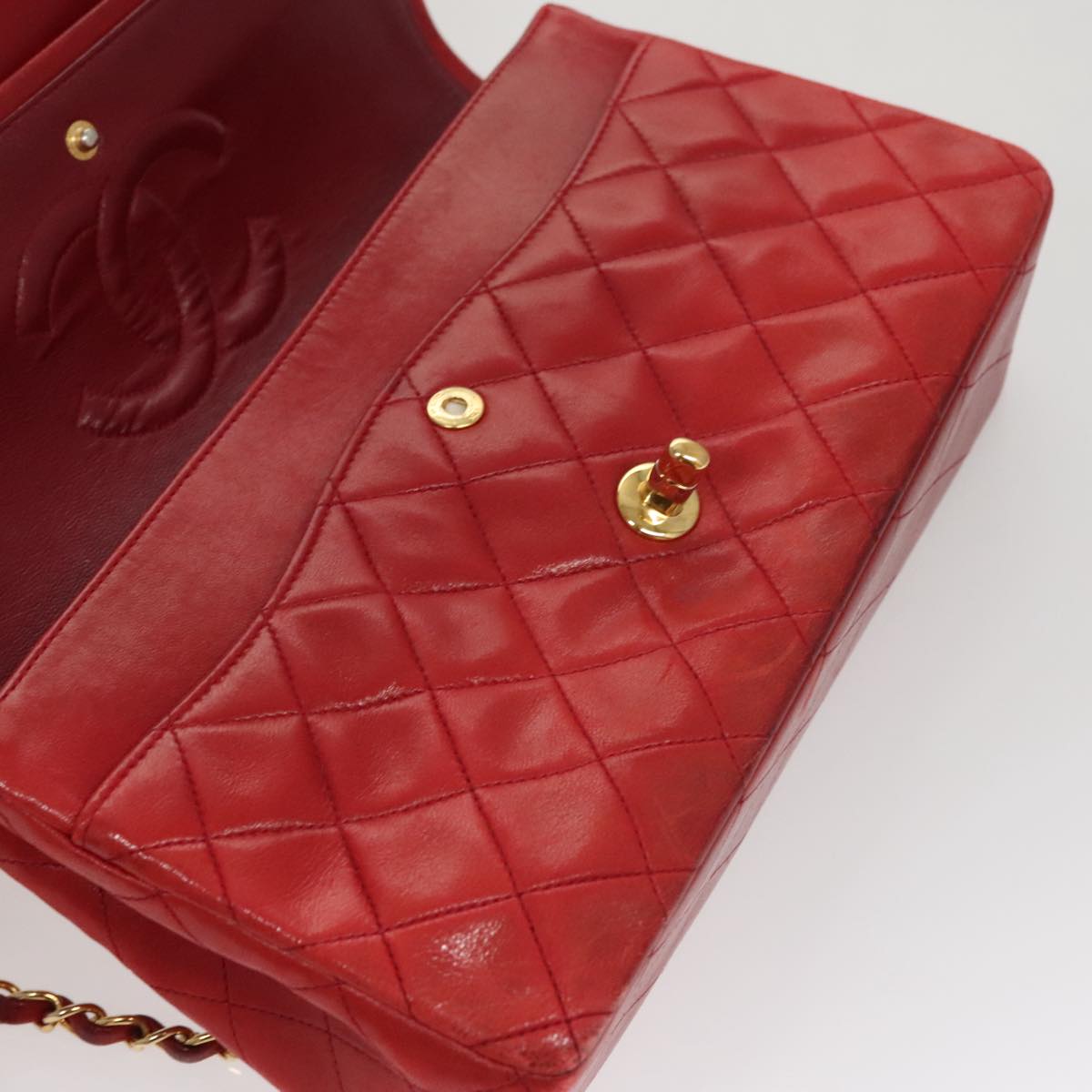 CHANEL Matelasse Chain Shoulder Bag Lamb Skin Red Gold CC 111383