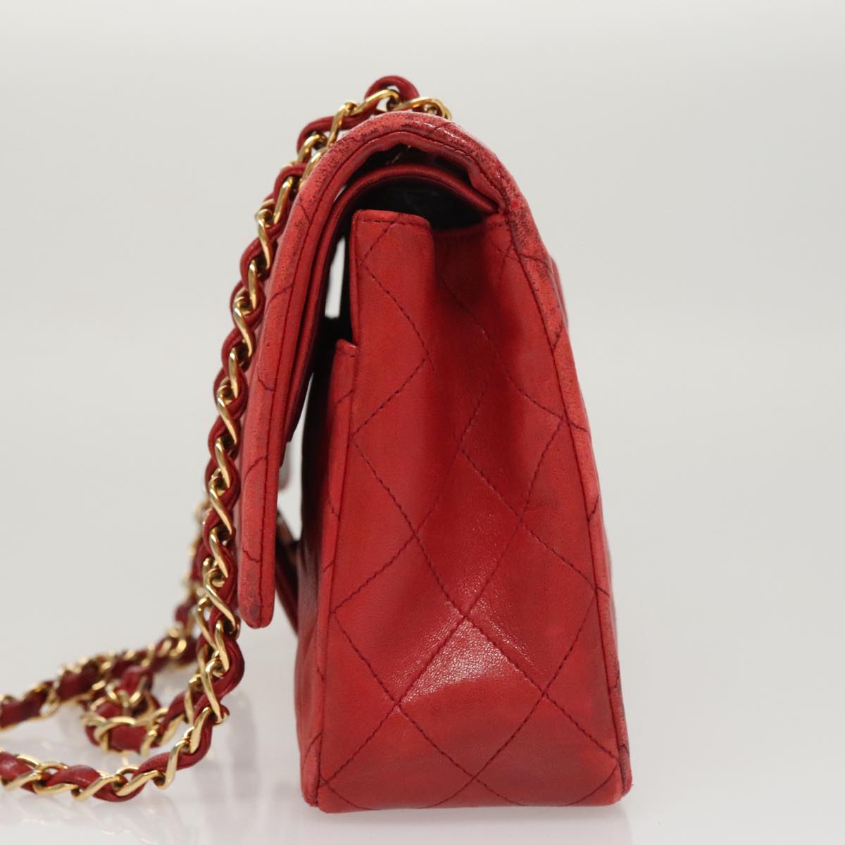 CHANEL Matelasse Chain Shoulder Bag Lamb Skin Red Gold CC 111383
