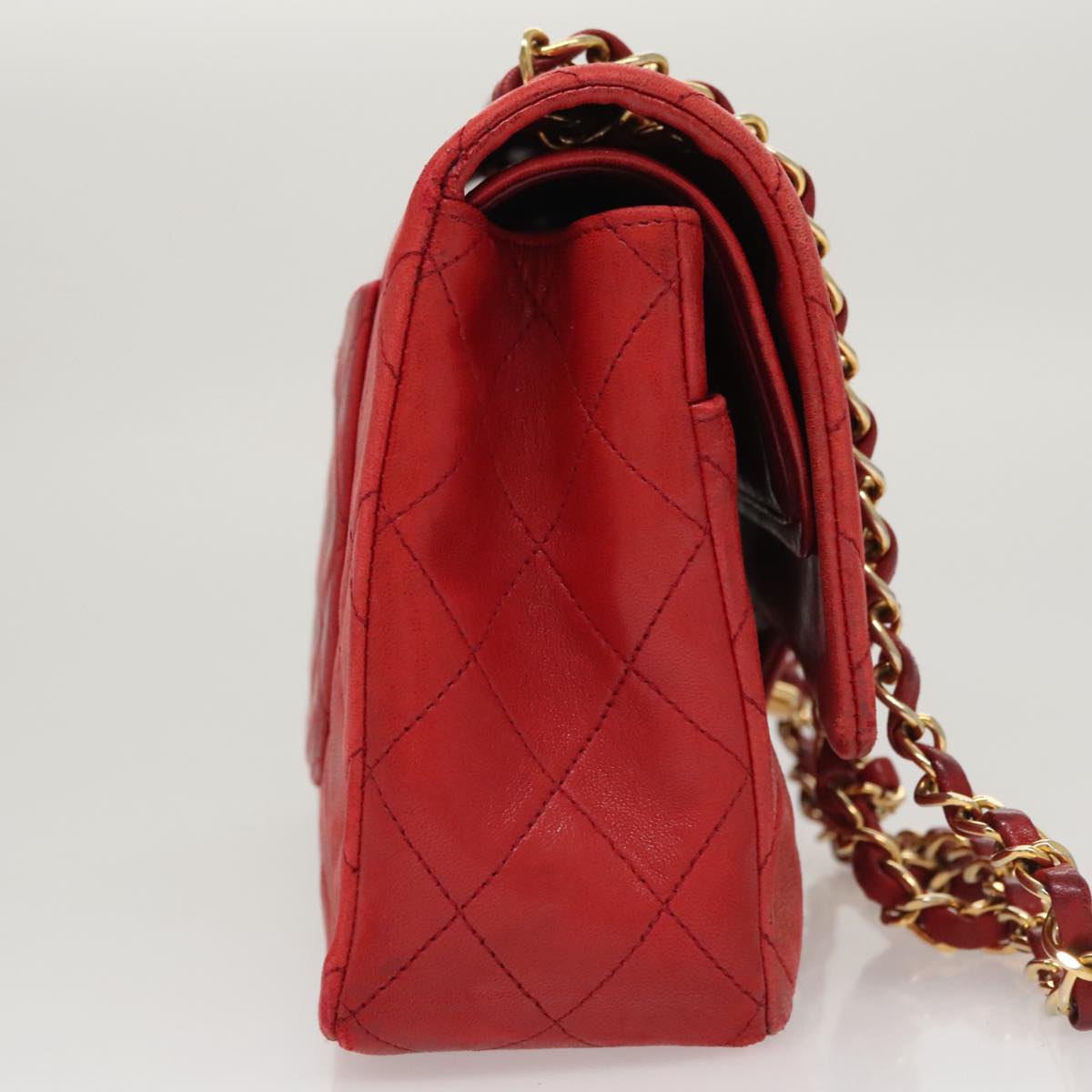CHANEL Matelasse Chain Shoulder Bag Lamb Skin Red Gold CC 111383