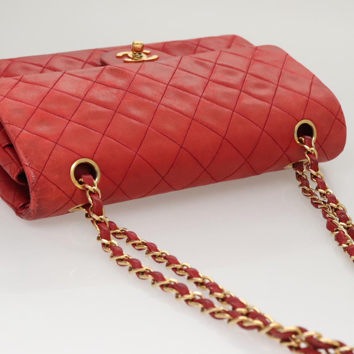 CHANEL Matelasse Chain Shoulder Bag Lamb Skin Red Gold CC 111383