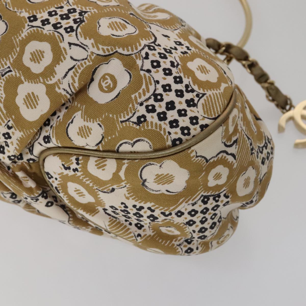 CHANEL Camelia Hoop Hand Bag Canvas Beige CC 111526