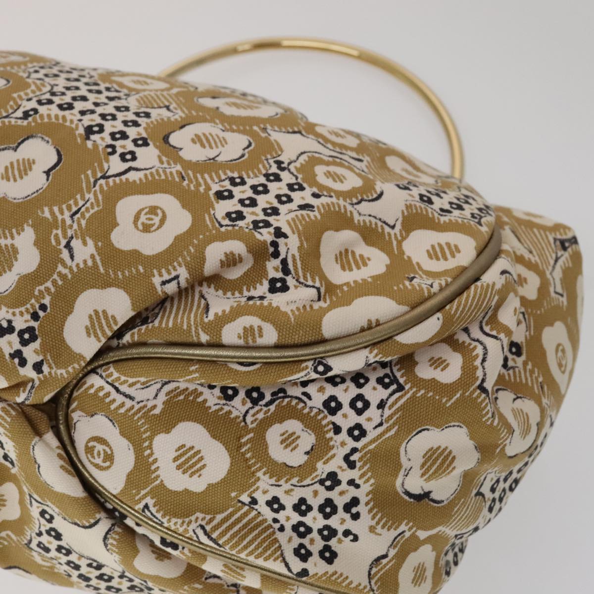 CHANEL Camelia Hoop Hand Bag Canvas Beige CC 111526