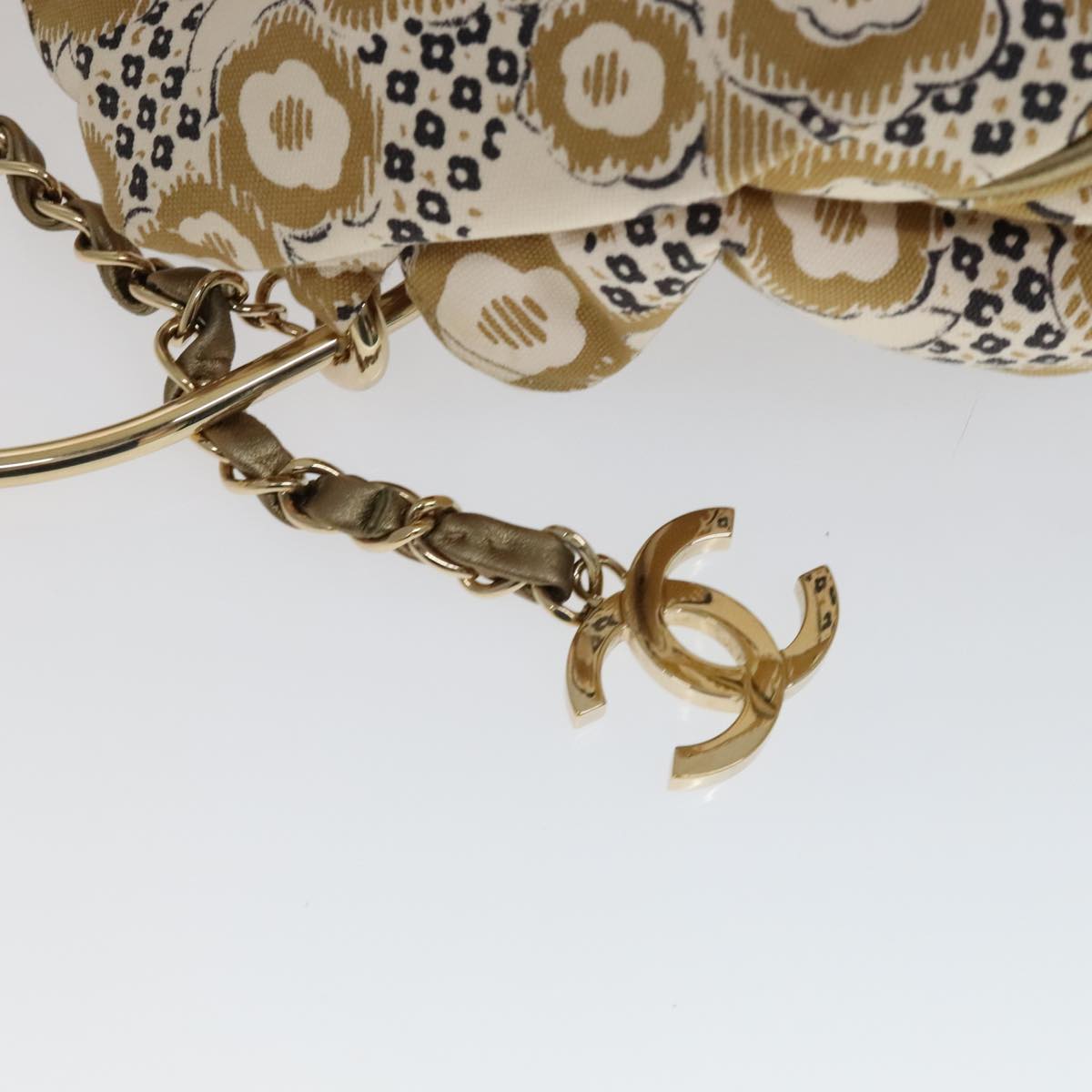 CHANEL Camelia Hoop Hand Bag Canvas Beige CC 111526