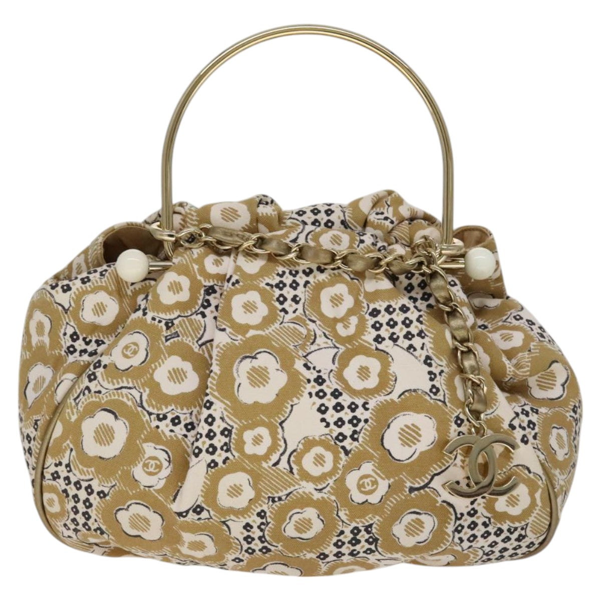 CHANEL Camelia Hoop Hand Bag Canvas Beige CC 111526