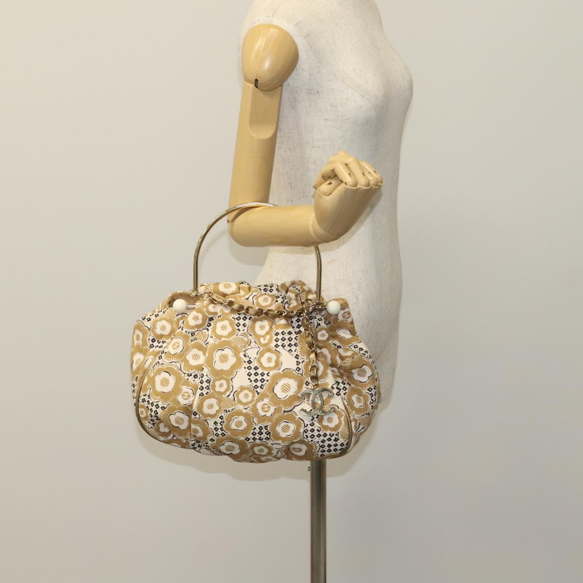 CHANEL Camelia Hoop Hand Bag Canvas Beige CC 111526