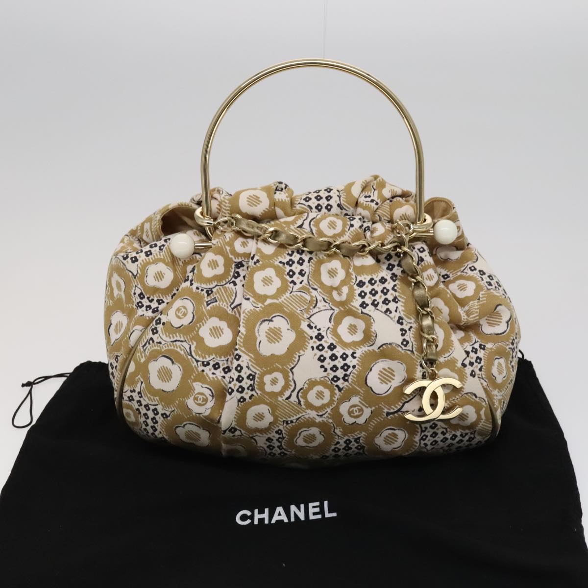CHANEL Camelia Hoop Hand Bag Canvas Beige CC 111526