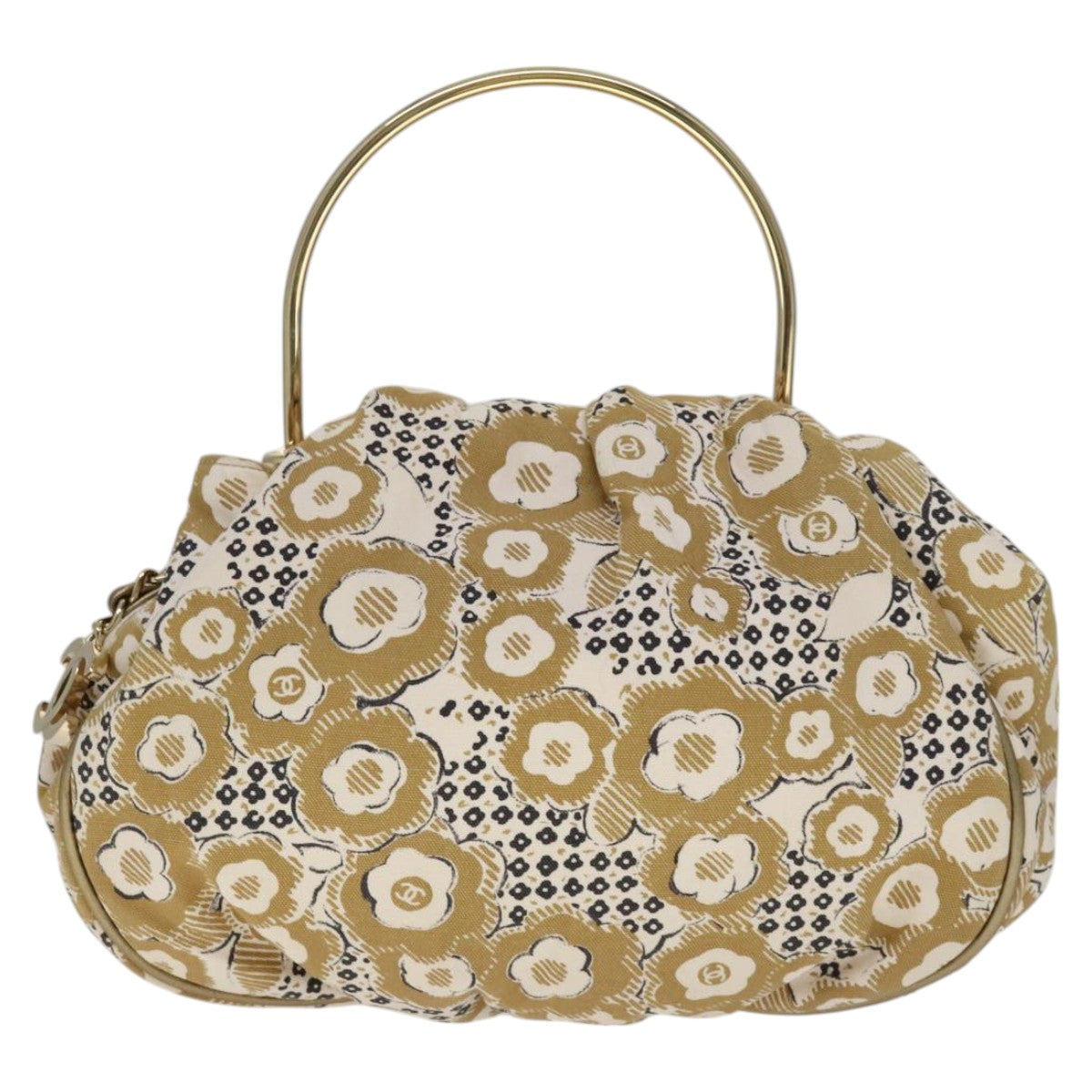 CHANEL Camelia Hoop Hand Bag Canvas Beige CC 111526