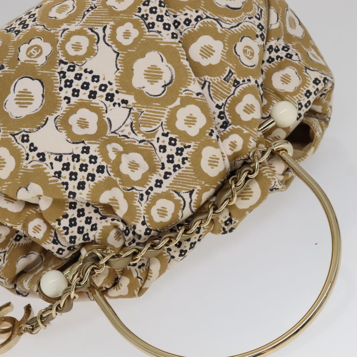 CHANEL Camelia Hoop Hand Bag Canvas Beige CC 111526