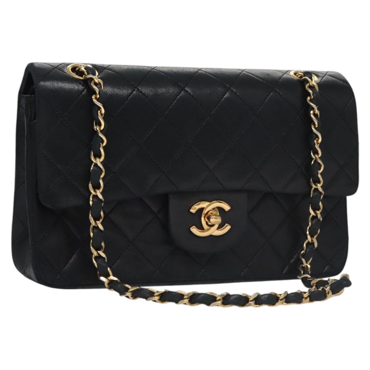 CHANEL Matelasse 25 Double Flap Chain Bag Lamb Skin Black Gold CC 111947A