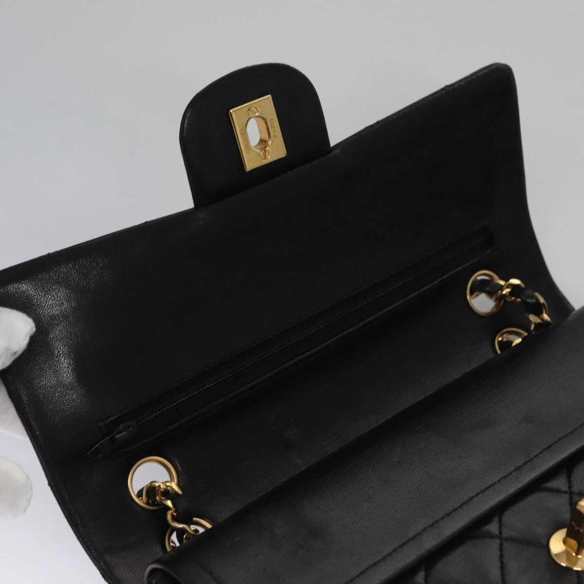 CHANEL Matelasse 25 Double Flap Chain Bag Lamb Skin Black Gold CC 111947A