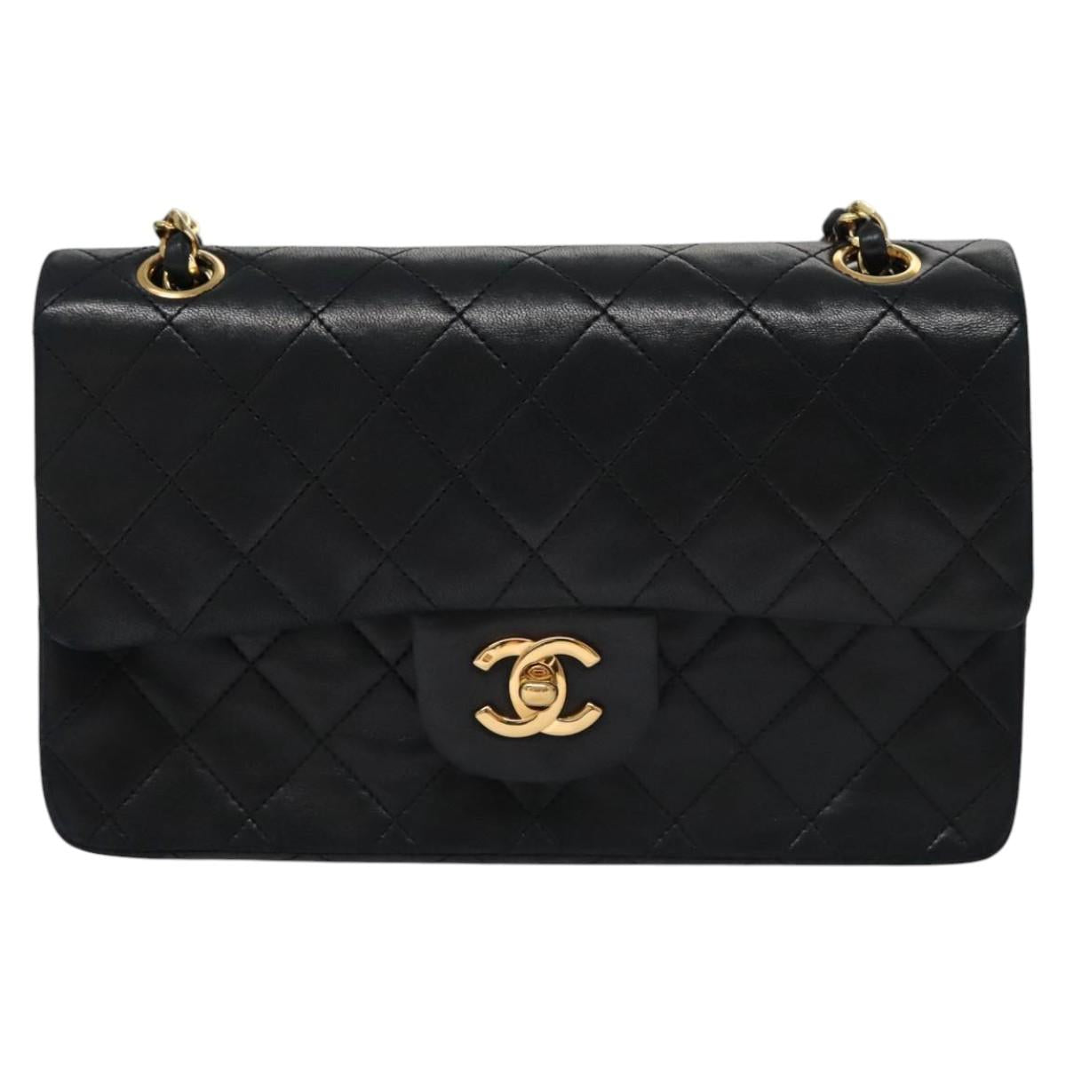CHANEL Matelasse 25 Double Flap Chain Bag Lamb Skin Black Gold CC 111947A