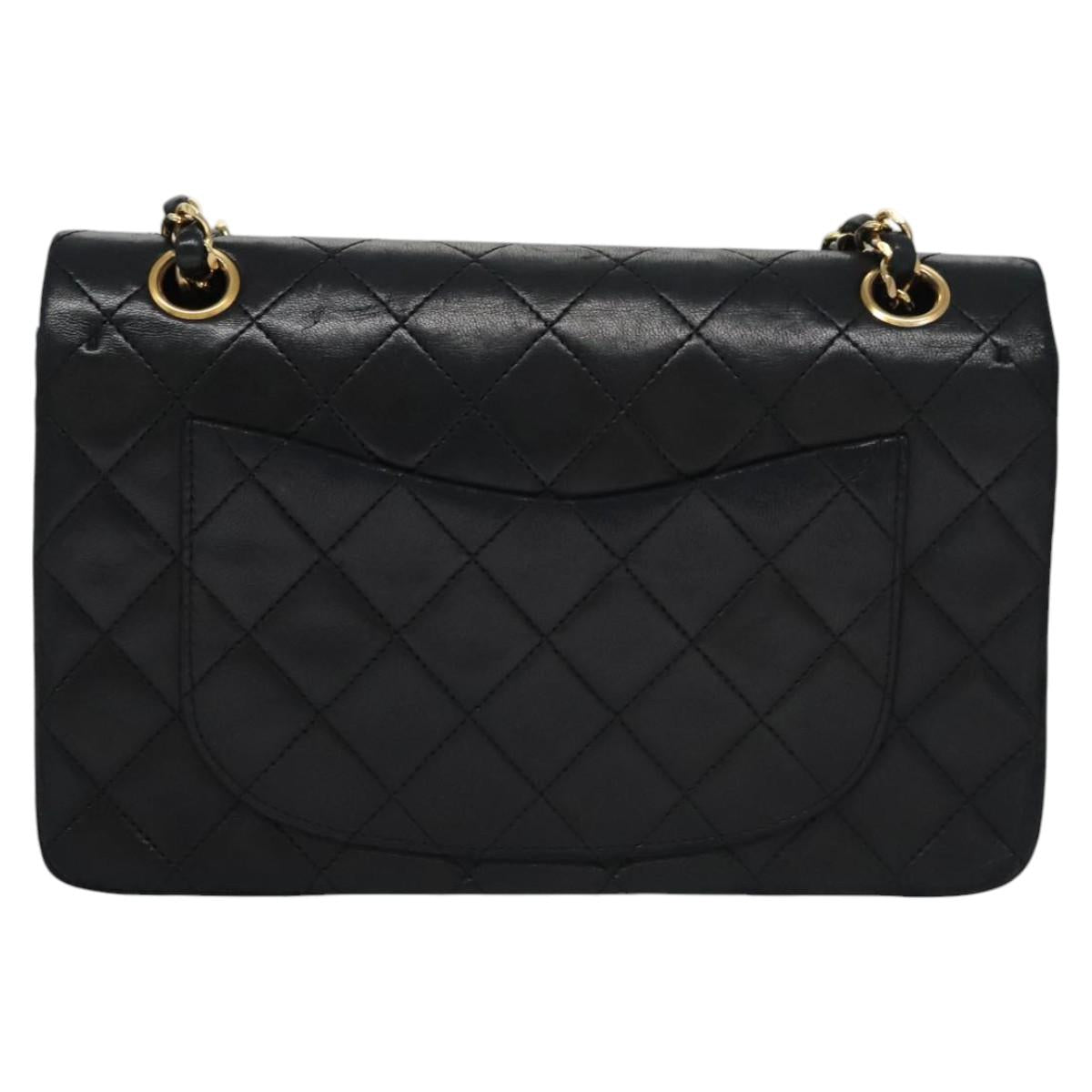 CHANEL Matelasse 25 Double Flap Chain Bag Lamb Skin Black Gold CC 111947A