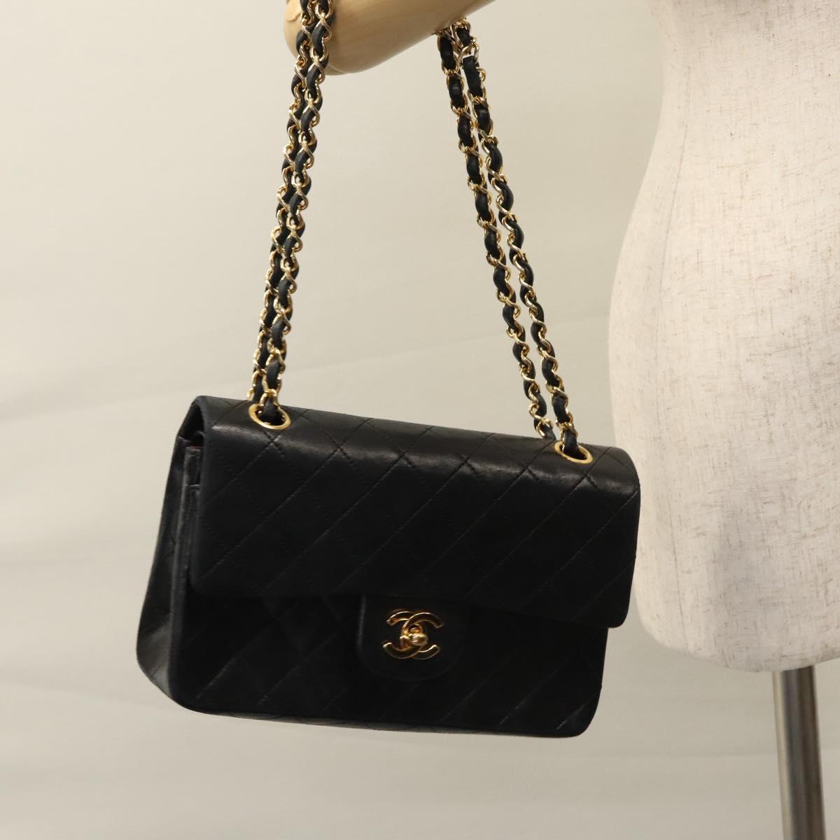 CHANEL Matelasse 25 Double Flap Chain Bag Lamb Skin Black Gold CC 111947A