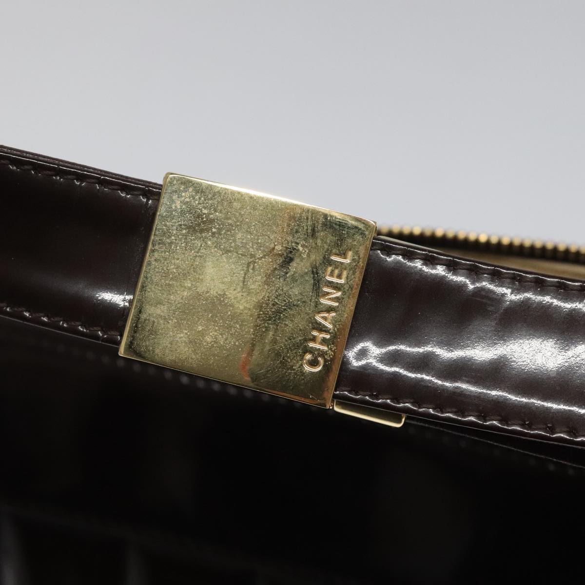 CHANEL Choco Bar Shoulder Bag Patent leather Brown CC 112054