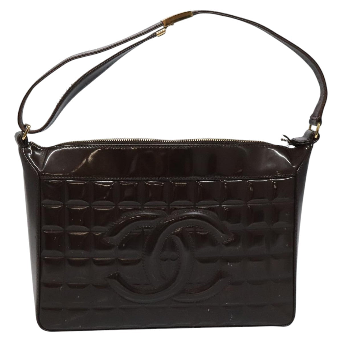 CHANEL Choco Bar Shoulder Bag Patent leather Brown CC 112054