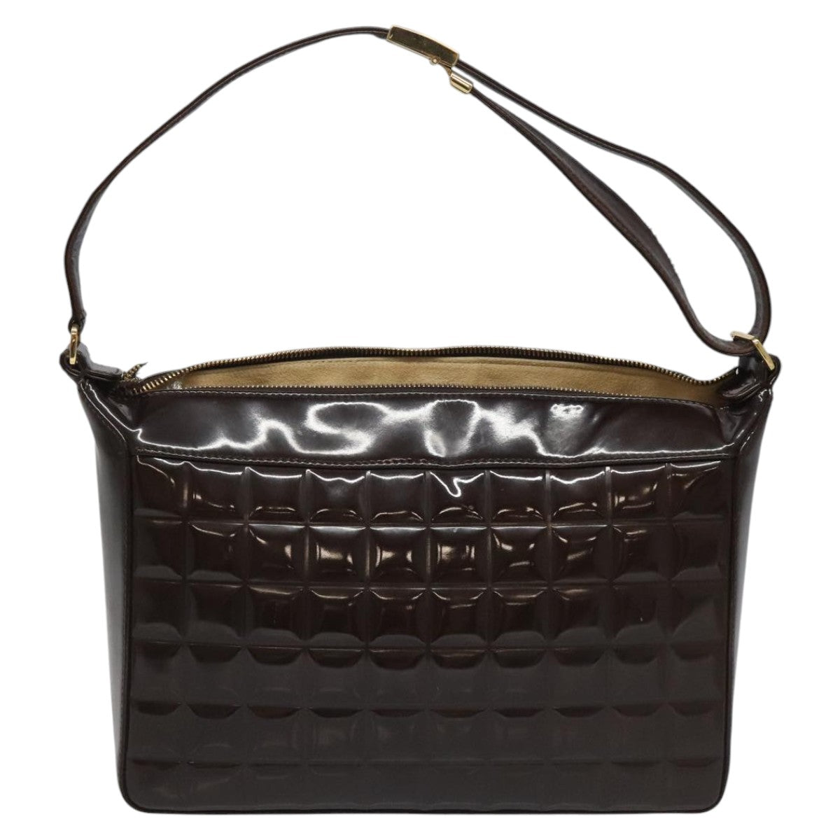 CHANEL Choco Bar Shoulder Bag Patent leather Brown CC 112054