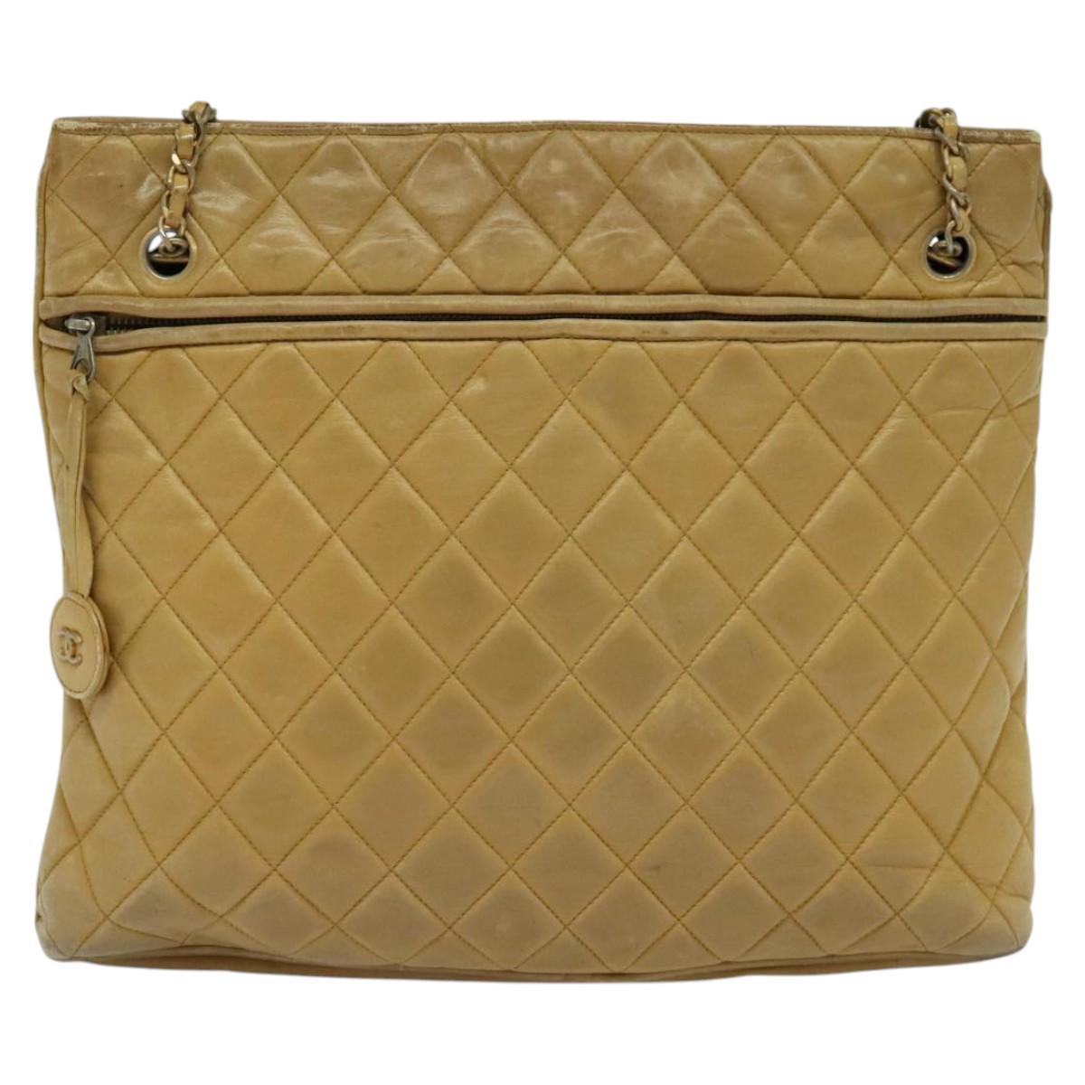 CHANEL Matelasse Chain Shoulder Bag Lamb Skin Beige CC 112263